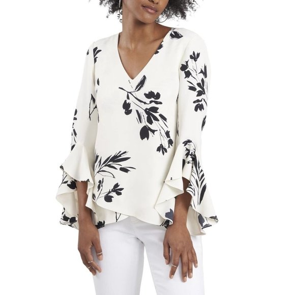 Vince Camuto Ivory & Black Floral Print V-neck Trumpet Sleeve Top - Picture 1 of 3